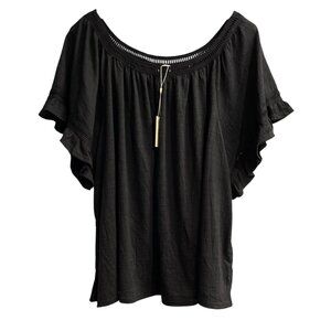 Max Studio London Top Womens 3X Black Textured Blouse Crochet Ruffle Boho Hippie